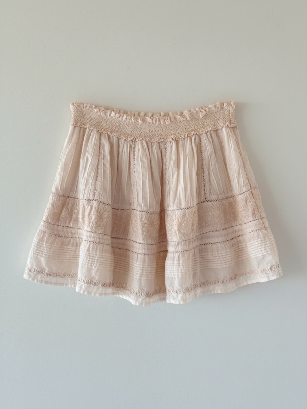 LoveShackFancy Embroidered Lace Inset Cotton Mini Skirt Pink Size M